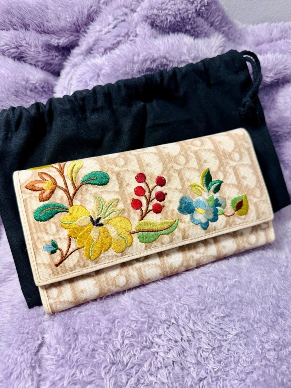 Dior Beige Canvas Wallet with Multicolor Floral Embroidery